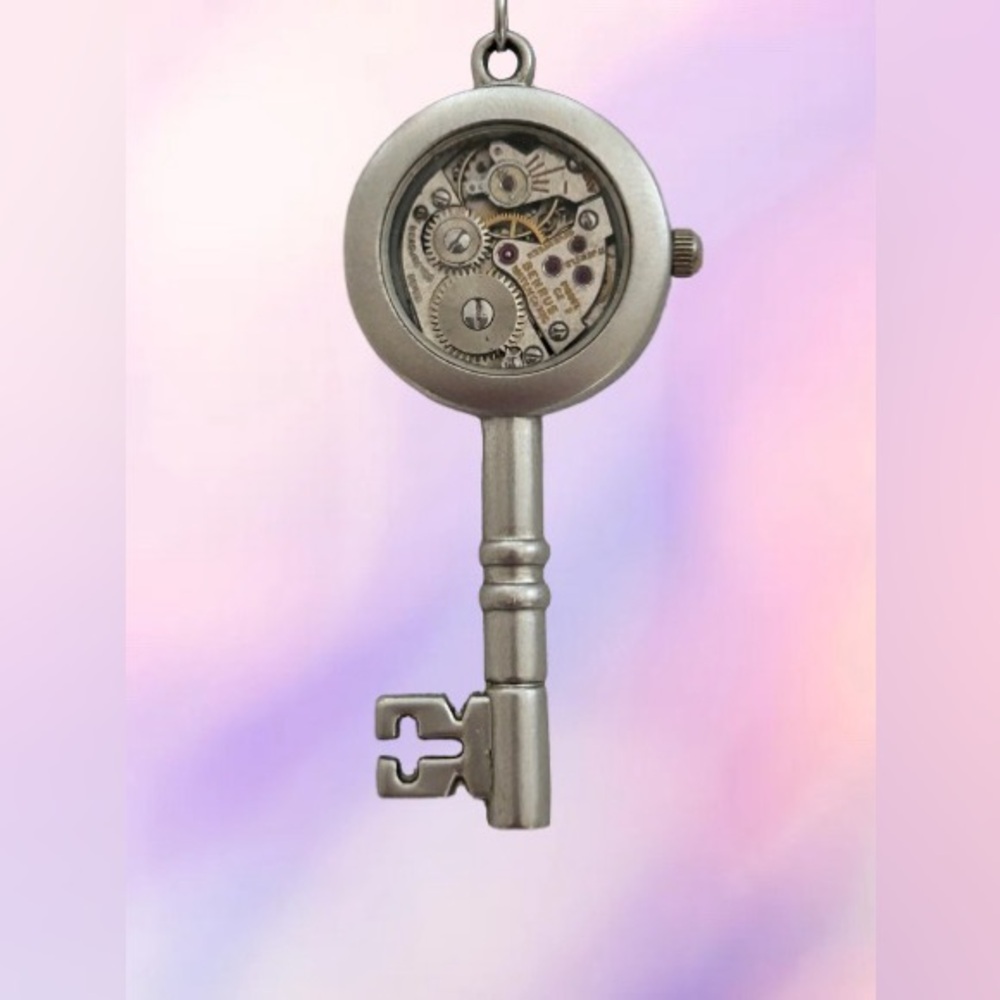 Steampunk Key Necklace with Exposed Gear Movement